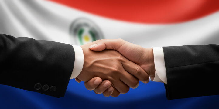 Businessman, diplomat in suits clasp hands for handshake over Paraguay flag, agree on united success in trade, diplomacy, cooperation, negotiation, support, teamwork in commerce, gesture of greeting