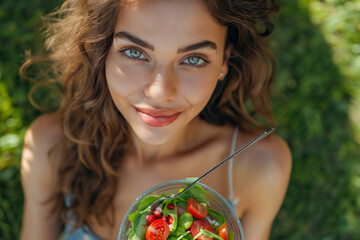 Beautiful girl with a bright salad in her hands on a sunny day smiles and looks at the camera