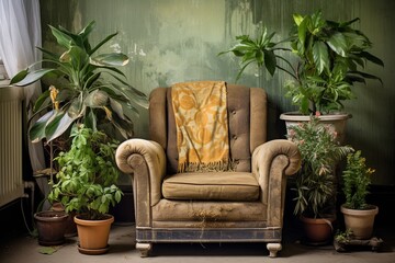 Time-Worn Vintage Living Room: Cushioned Armchair & Indoor Plant Comfort