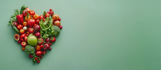 banner, Vegetables and fruits in the shape of a heart on green background. Concept of healthy eating, vegetarianism, health care, health day, with copy space