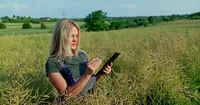 Quality Control in Agriculture: Female Farmer Checking Rapeseed Crop Using Tablet App