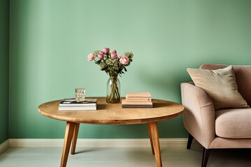Time-Worn Vintage Living Room Inspirations: Round Wooden Table & Mint Green Wall Aesthetic