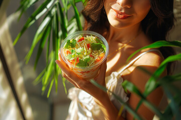 Beautiful girl with a bright salad in her hands on a sunny day smiles and looks at the camera