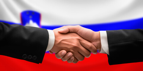 Businessman, diplomat in suits clasp hands for handshake over Slovenia flag, agree on united success in trade, diplomacy, cooperation, negotiation, support, teamwork in commerce, gesture of greeting