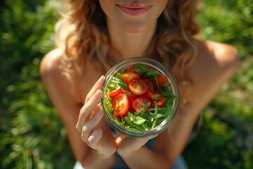 Beautiful girl with a bright salad in her hands on a sunny day smiles and looks at the camera