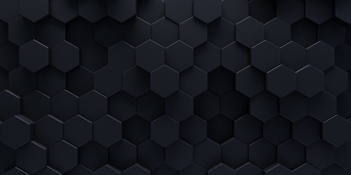 Abstract black polygonal background. 3d rendering. Displaced hexagonal pattern. Futuristic concept