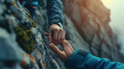 Helping hand on a challenging climb adventure and solidarity theme - obrazy, fototapety, plakaty