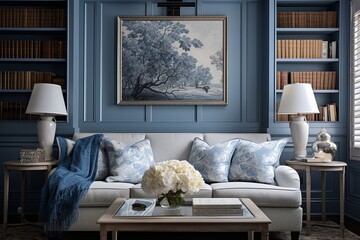 Timeless Classic Coastal Library Interiors: Blue Textiles and Seaside Decors Banish Banality