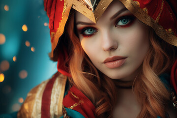 Generative ai digital collage of lady brave super hero dressed in red costume for halloween event