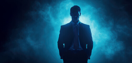 standing businessman on blue background with confident gesture