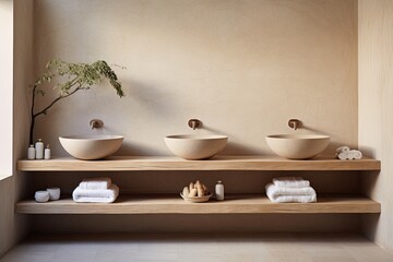 Fototapeta na wymiar Zen-Inspired Water Bowls and Tranquil Bathroom Designs with Soft Neutral Color Schemes