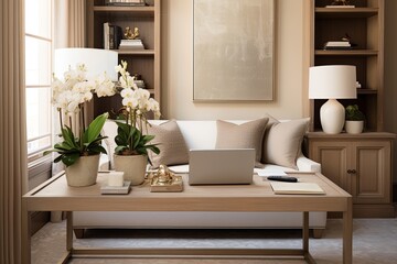 Fototapeta na wymiar Chic Transitional Style Home Office Lounge: Beige Sofa, Elegant Coffee Table Design Ideas