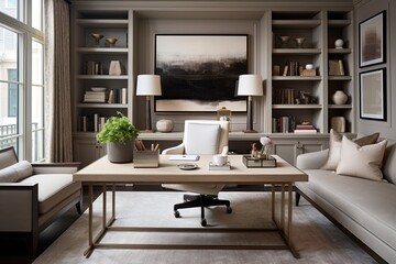 Chic Transitional Style Home Office Lounge with Beige Sofa and Elegant Coffee Table