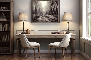 Fototapeta na wymiar Transitional Style Home Office Art Poster in Wooden Bench, Convergence of Eras