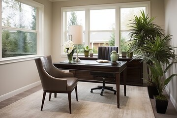 Green Plant Modern and Classic Harmony: Transitional Style Home Office Designs with Glass Table