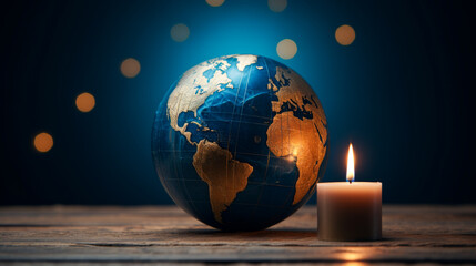 global unity and hope, featuring a world globe gently illuminated by the warm glow of a candle