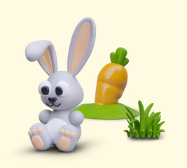 Obraz premium Cute 3D Easter bunny in cartoon style. Orange carrots grow in ground, green grass