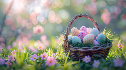 basket filled with pastel-colored Easter eggs lies nestled among the soft grass