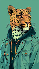 illustration of a leopard face wearing a blue shirt with pop art style