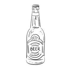 Vector sketch of bottle. Beer bottle isolated on white background. Simple line drawing. Black and white. Doodle illustration