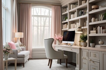 Refreshing Work Zone: Transitional Style Home Office Designs with Pastel Curtain and Classic Furniture