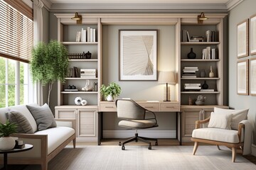 Fototapeta na wymiar Perfect Blend of Serene Color Palette in Transitional Style Home Office Designs - Roomy Interiors