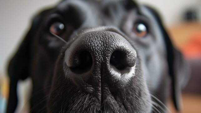 The image shows a black wet nose of a dog in extreme closeup. The dogs fur is black, and its eyes are brown. The background is out of focus and is a light brown color.