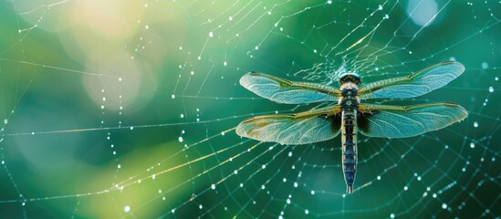 A feather dragonfly struggles to free itself from a spider web, its delicate wings entangled in the intricate strands. The scene unfolds against a vibrant green backdrop.
