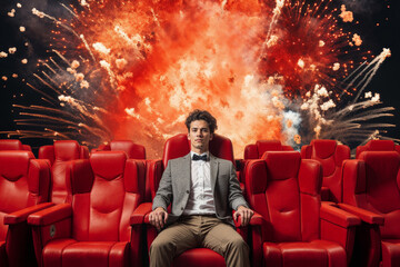 Man in Cinema with Dramatic explosion background