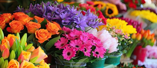 A collection of bright and colorful flowers arranged neatly in a glass vase. The blooms are fresh and vibrant, adding a touch of nature indoors.