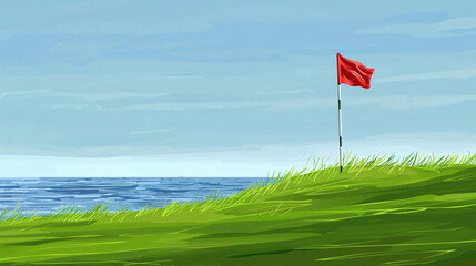 Golf course with green grass and red pin flag by the sea.