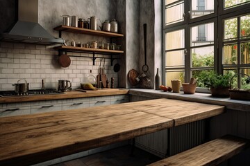 Rustic Mediterranean Kitchen in Urban Flats: Wood Benches & Slab Countertops