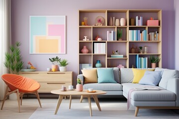 Fototapeta na wymiar Pastel Harmony: Stylish Urban Flats with Bright Living Room and Colorful Shelves