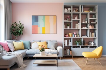 Pastel Paradise: Urban Flats with Bright Living Room & Colorful Shelves