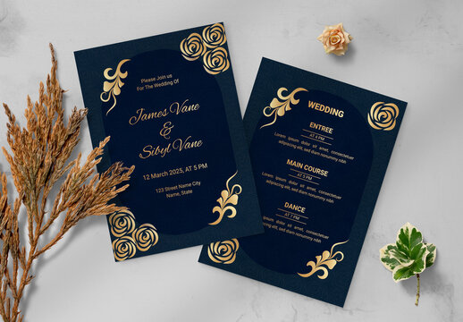 Dark Blue Wedding Invitation Layout With Gold Accents
