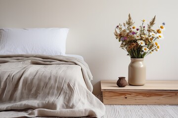 Urban Flats: Organic Minimalist Bedroom with Vase of Wildflowers and Textile Rug