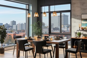 Obraz premium Cityscape View: Urban Loft Dining Area with Expansive Windows