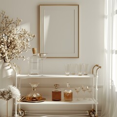 A stylish white bar cart with cocktail glasses and decanters, accompanied by an empty text frame for displaying drink recipes or personalized bar menus, cosy modern home interior, 