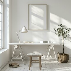 A minimalist white workspace with a sleek desk and task lamp, accompanied by an empty text frame for organizing to-do lists or inspirational quotes, cosy modern home interior, whit