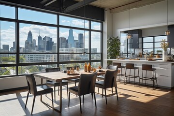 Fototapeta na wymiar Urban Loft Dining Area: Cityscape Views Through Large Windows