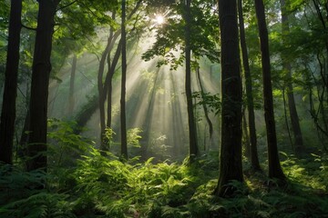 Naklejka premium the sun shines through the trees in the forest, japan lush forest, forest ray light, peaceful lushious forest, lush forest, beautiful forest. 