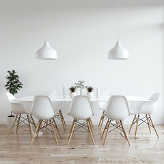 A sleek white dining table surrounded by modern white chairs, perfect for intimate gatherings,cosy modern home interior,white,empty text frame,3d.