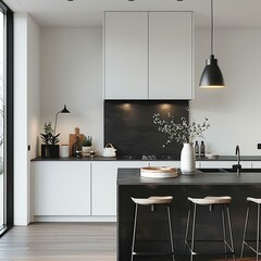 White kitchen cabinets with matte black hardware, offering a modern contrast in the culinary space,cosy modern home interior,white,empty text frame,3d. - obrazy, fototapety, plakaty