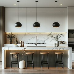 White kitchen cabinets with matte black hardware, offering a modern contrast in the culinary space,cosy modern home interior,white,empty text frame,3d.