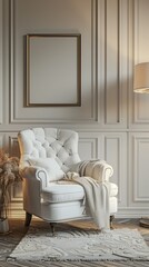 A cozy reading corner with a white armchair and floor lamp, tucked away in a quiet corner of the home,cosy modern home interior,white,empty text frame,3d