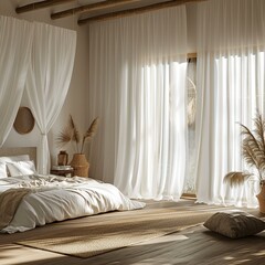 White sheer curtains filtering natural light in the bedroom, adding softness and privacy to the space,cosy modern home interior,white,empty text frame,3d