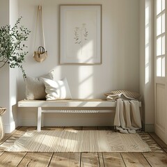 A white wooden bench in the entryway, offering a spot to sit and remove shoes in a clean and organized space,cosy modern home interior,white,empty text frame,3d