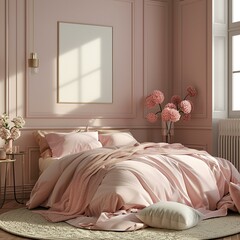 Design a bedroom in soft powder pink tones, with a comfortable bed and 3D pictures on the walls, along with an empty text frame for personalization