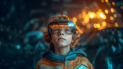 Obraz premium Futuristic Odyssey Child in VR Glasses and Neon