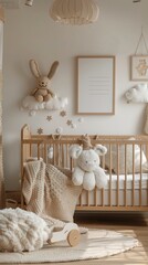 Craft a gender-neutral nursery with soft pastel tones and cozy textiles, featuring a wall mockup with a blank text frame above a crib, adorned with 3D pictures of fluffy clouds and - obrazy, fototapety, plakaty